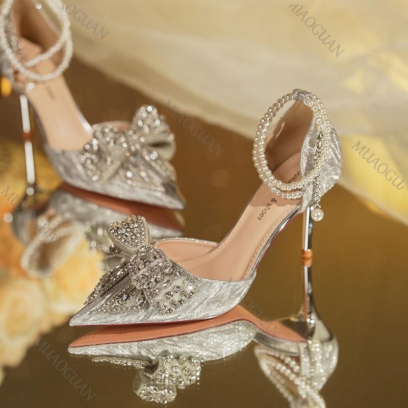 Spring Summer Fashion Pointed Toe Sandals Women's Rhinestone Pearl Butterfly Gold Silver High Heels Party Wedding Heeled Shoes