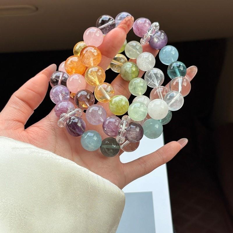 Natural Multi-Stone Crystal Bracelet Amethyst Yellow Phantom Quartz Blue Aquamarine Fluorite College Style Jewelry