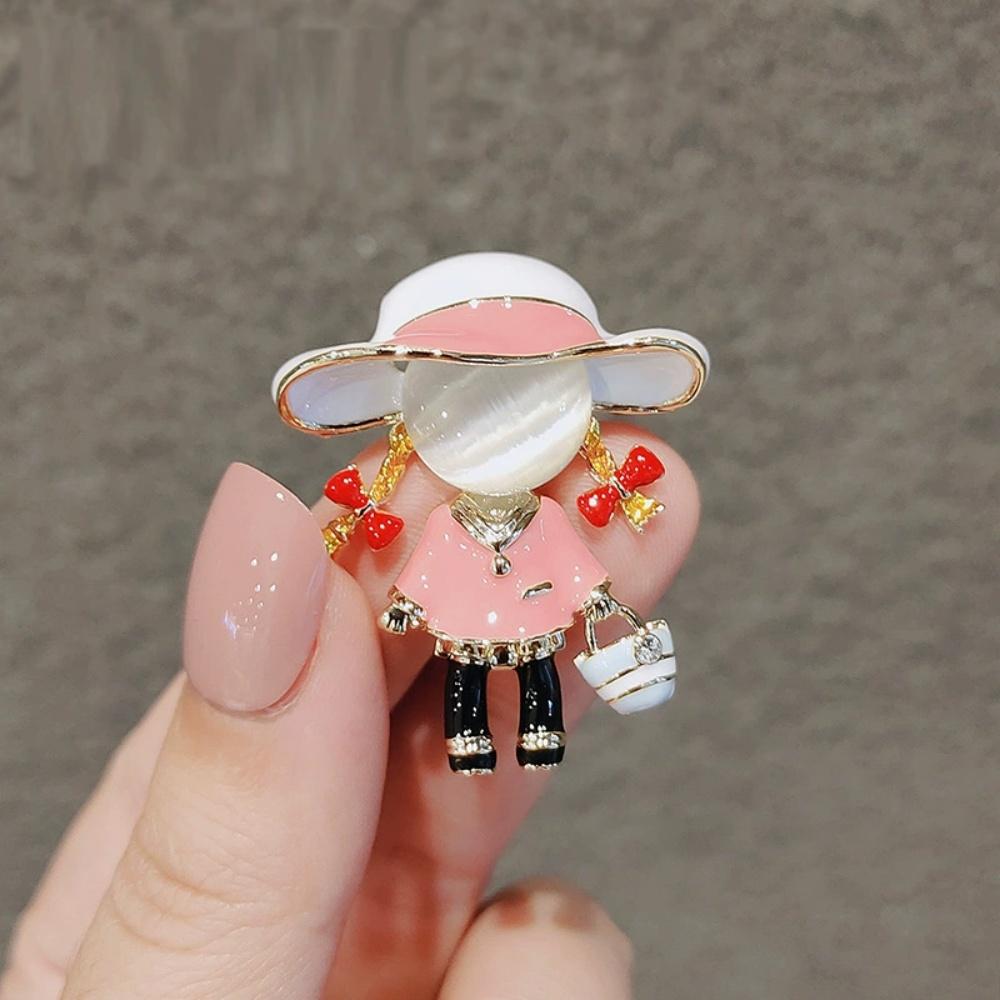 New Geometry Zircon Drop Glazed Bow Double Braided Little Girl Brooch Unique Fashion Versatile Cartoon Character Jewelry Gift