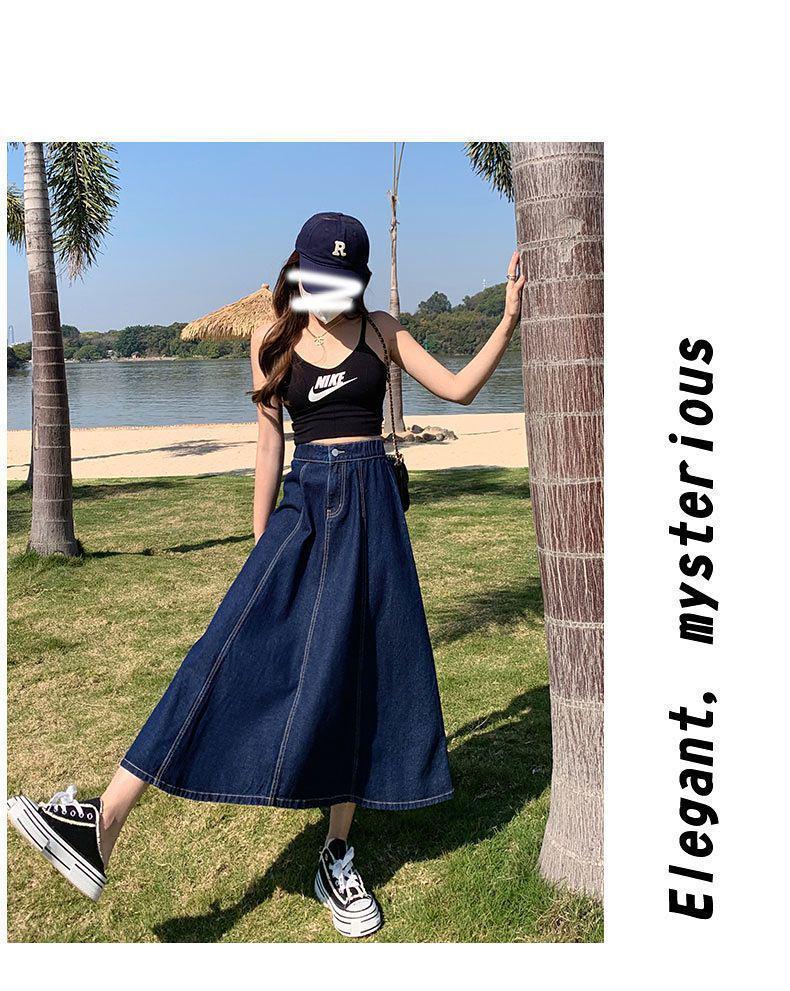 Plus Size Women's High-Waist A-Line Denim Skirt - Long, Slim, Fishtail Design for Summer and Autumn