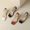 New women's one-word sandals women's square head comfortable beef tendon soft sole large size summer sandals women's leather medium heel solid color