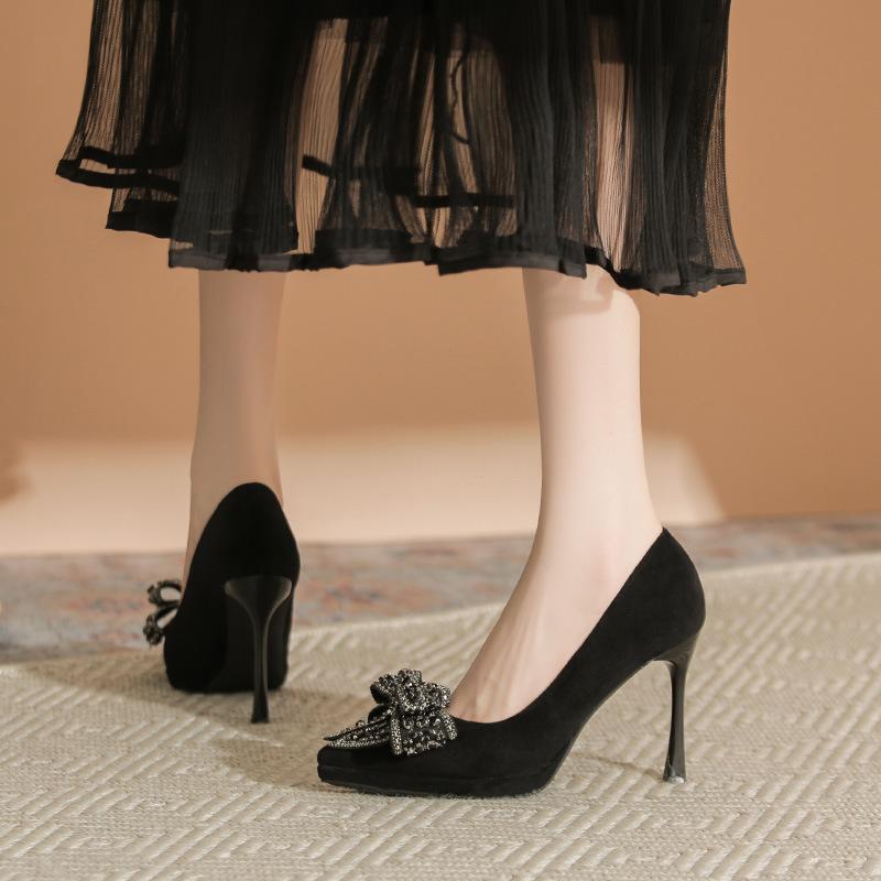 Bow rhinestone black suede high heels socialite temperament shallow mouth thin heel not tired feet single shoes waterproof table
