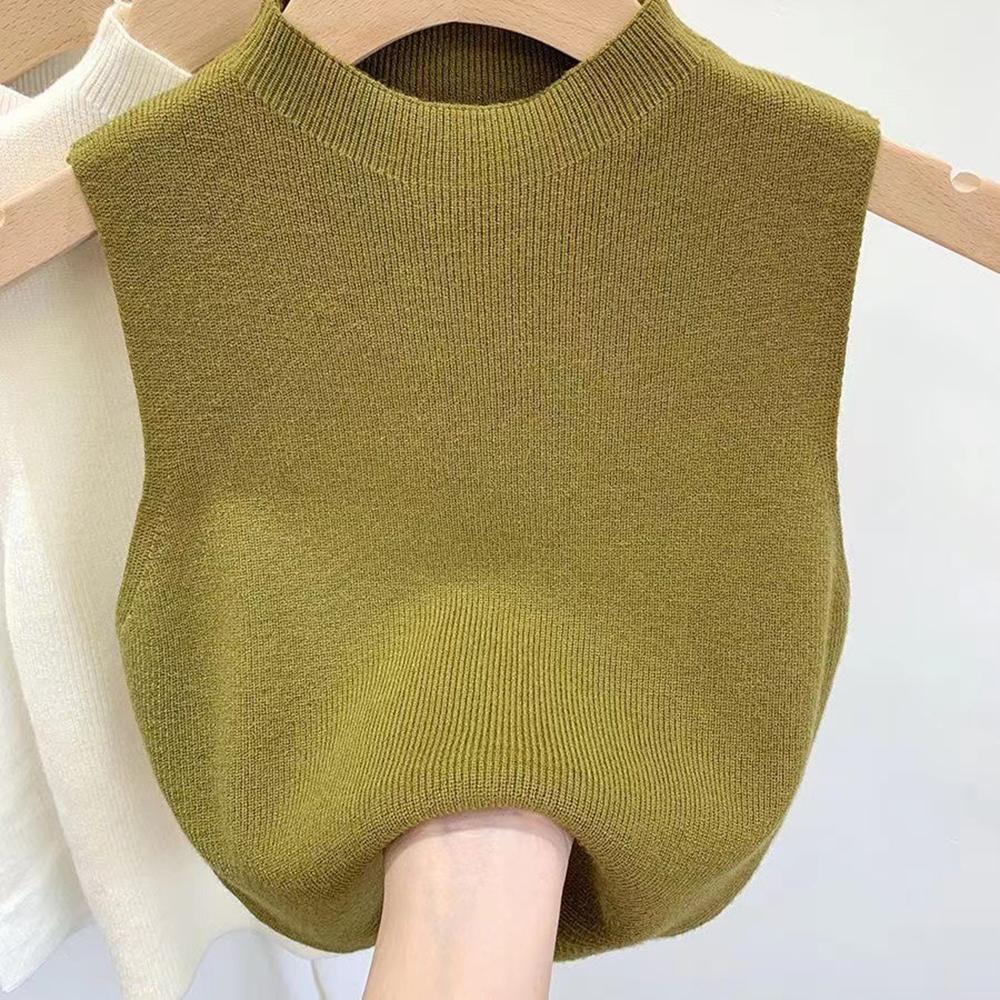 Women's Vest Tank Solid Color Knitted Tees Cropped Camisole Sweater Half-turtleneck Spring Autumn Sleeveless