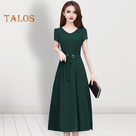 Summer Lady Dress Round Neck A-line Short Sleeves Slim Waist Plus Size Pure Color Slim Fit Mid-calf Length OL Commute Midi Dress