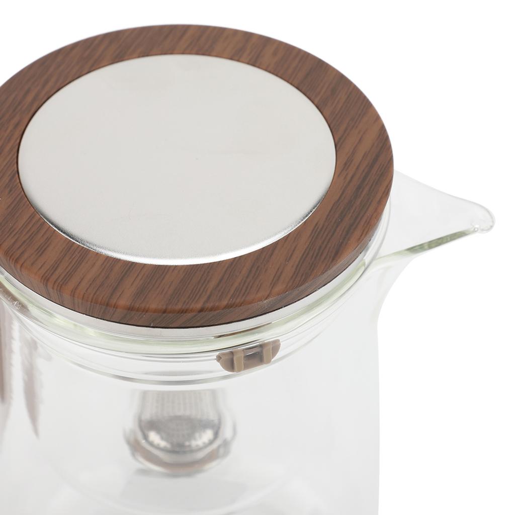 Glass Teapot with Infuser 600ml Stainless Steel One Touch Tea Maker Clear Tea Kettle with Wood Handle for Home Office