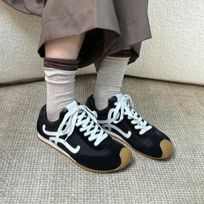 Cowhide Version~ Niche Ugly Cute Sports and Leisure Shoes Women's Flat-bottomed Versatile Leather Lace-up Forrest Gump Shoes Retro German Training 
