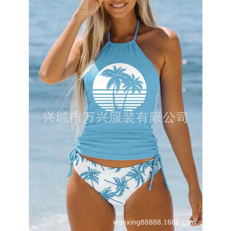 Women's Halter Tankini Swimsuit Two-Piece Palm Tree Print Beachwear with Adjustable Side Ties