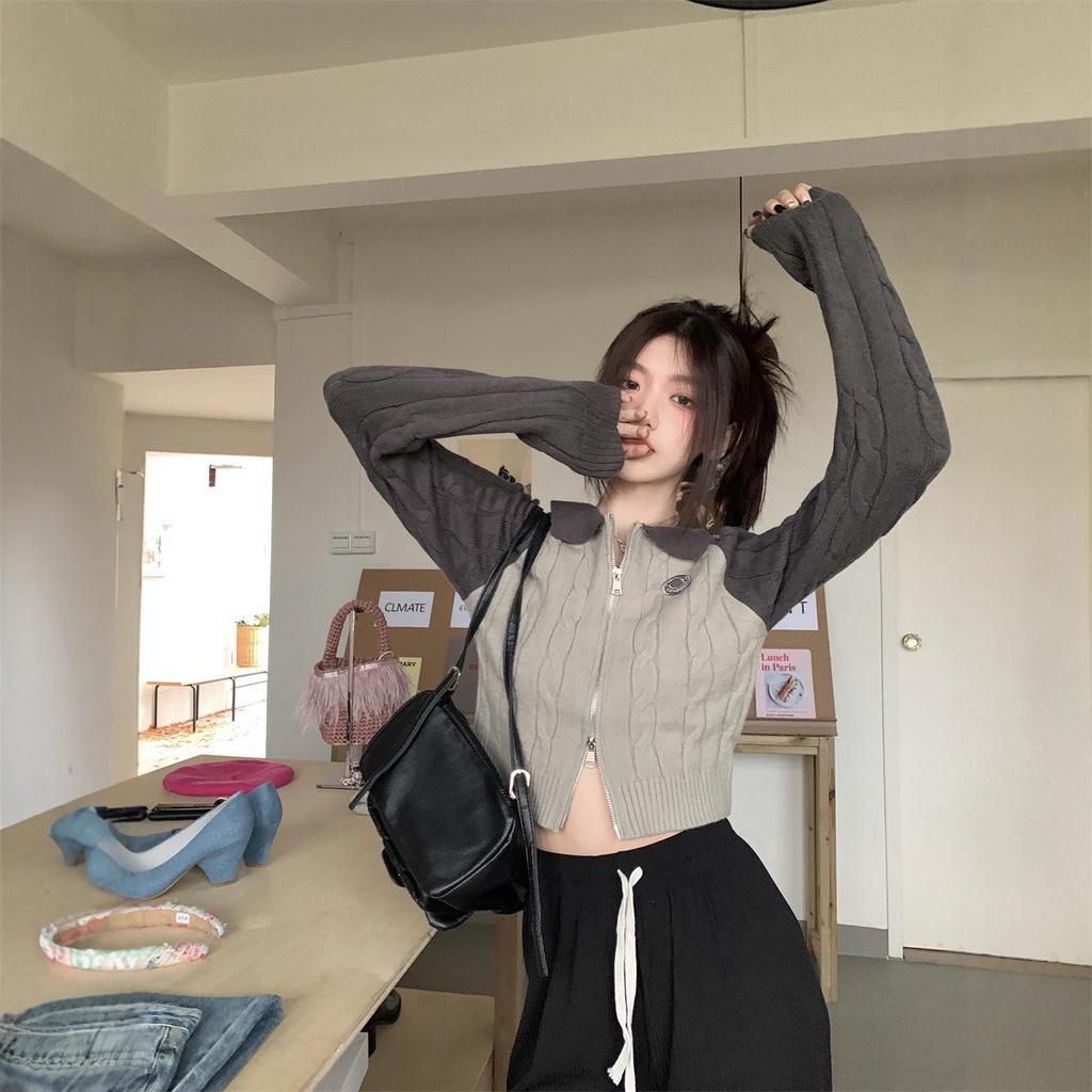 Cardigan short retro contrasting color design knitted sweater women's autumn short inner bottoming shirt double zipper sweater women