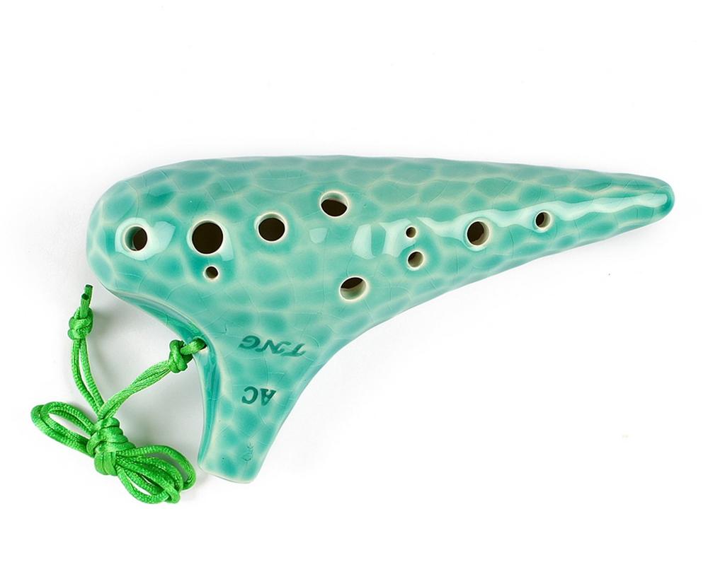 TNG Ocarina Instrument [Alto/C/AC / 12 Holes / Emerald] (with Strap) Glazed Finish Ocean Wave Pattern