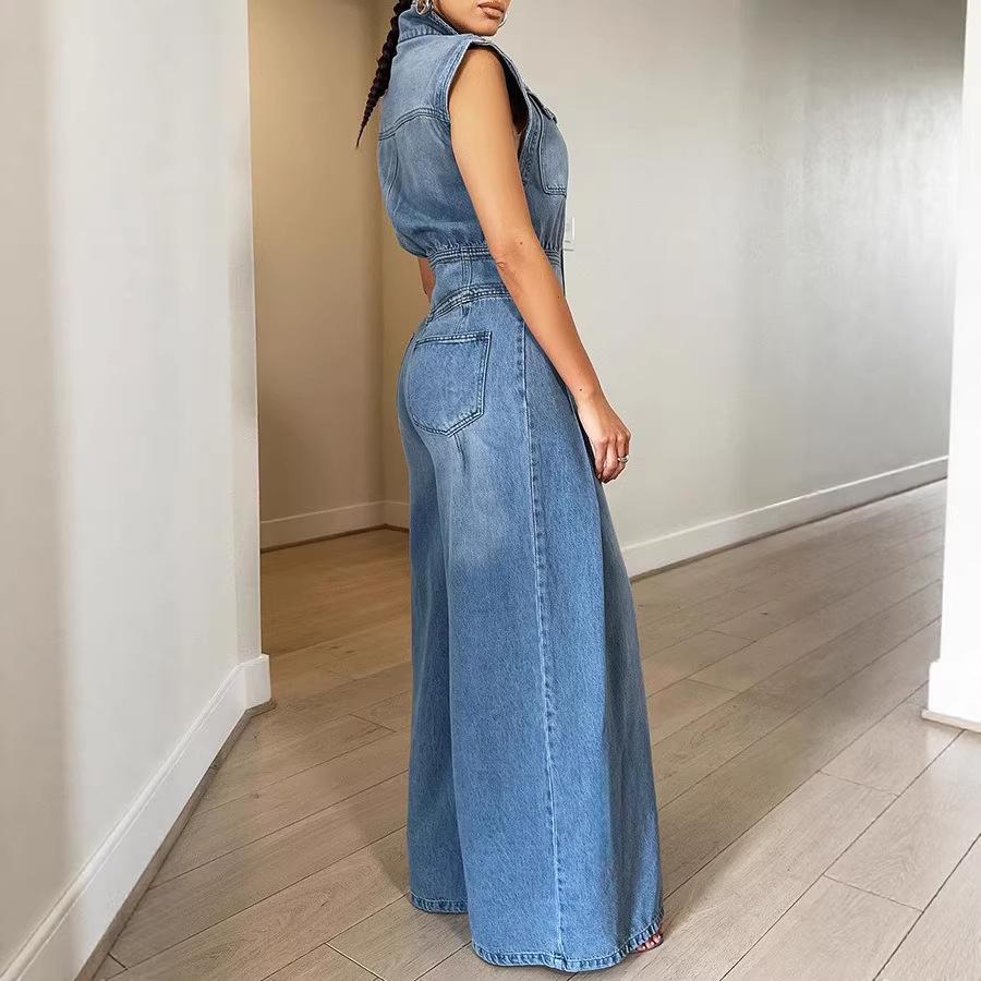 Elegant Women's Sleeveless Washed Denim Jumpsuit with Wide-Leg Pants