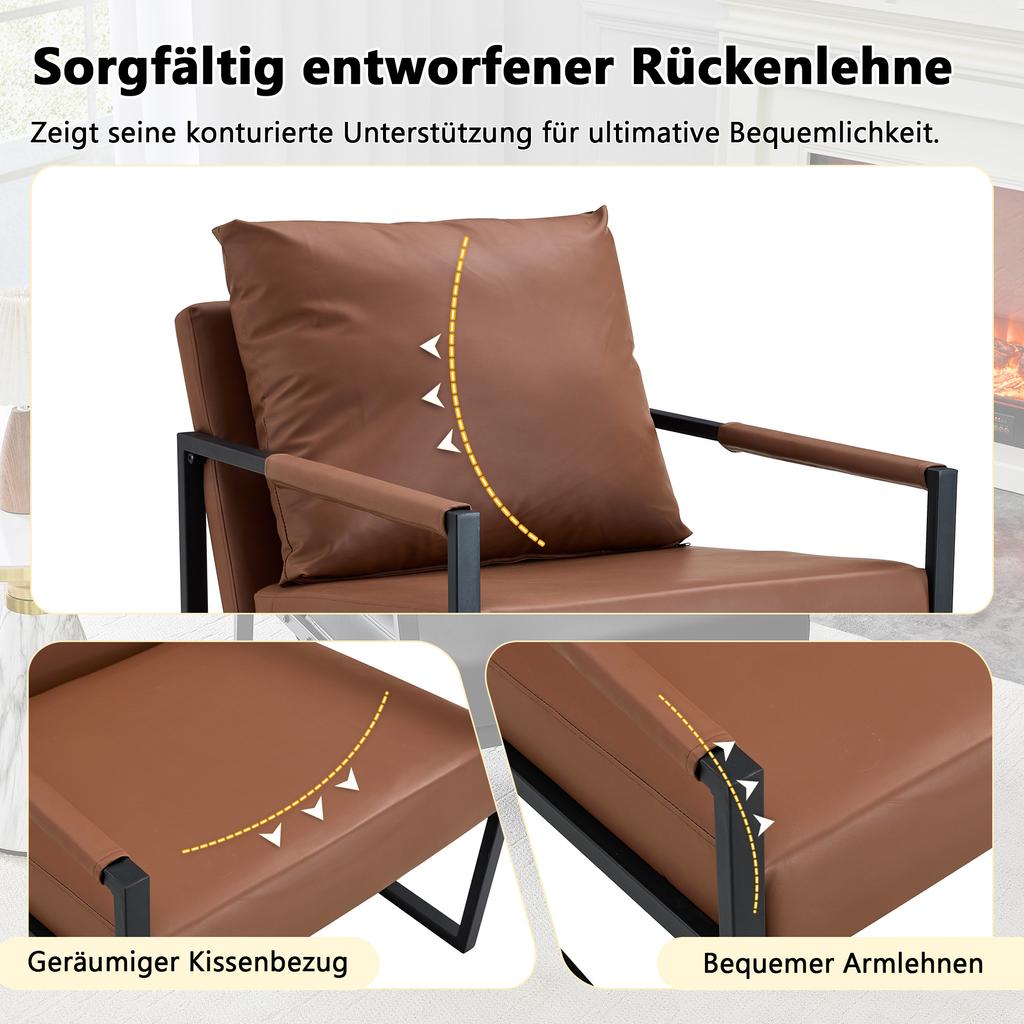 Brown Reading Chair with Black Metal Frame, Modern Casual Armchair Made of Faux Leather, Single Sofa for Living Room, Bedroom, Office