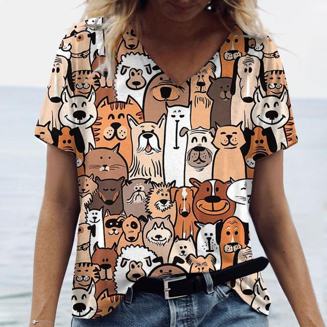 Women Cat Print Women's T-Shirt Oversized T-Shirt Top Women Clothing Design Plus Size V Neck Tee Casual