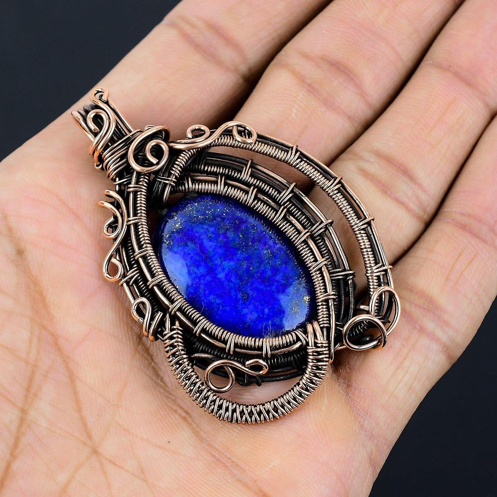 Pandantiv Lapis Lazuli Bijuterii cu Pietre Prețioase Lucrate Manual, Pandantiv Înfășurat în Sârmă de Cupru 999, Pandantiv Bijuterii cu Design Unic