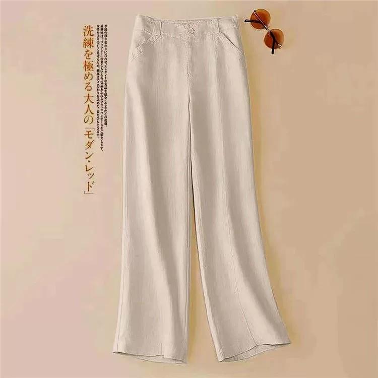 Pantalon Capri en Coton Lin pour Femme Taille Élastique Couleur Unie Coupe Droite