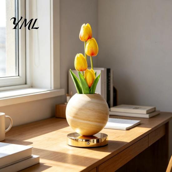 Modern Bedroom Lighting Tulip Ceramic Night Light, Gradient Color Artificial Flower Table Lamp, Rechargeable Eye Caring Reading Light Touch