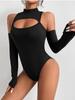 Damen-Bodysuit, eng anliegend und sexy, offene Brustpartie, Shirt mit unregelmäßiger Aussparung, langärmeliger Slim Fit-Passform und schulterfreiem Jumpsuit