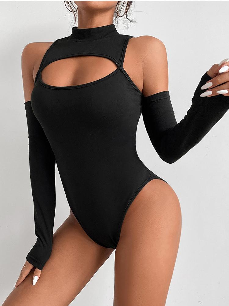 Damen-Bodysuit, eng anliegend und sexy, offene Brustpartie, Shirt mit unregelmäßiger Aussparung, langärmeliger Slim Fit-Passform und schulterfreiem Jumpsuit