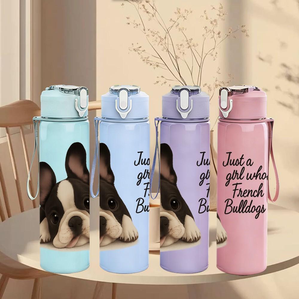 1PC French Bulldog Puppy Art 750ml Color Plastic Sports Water Bottle Leakproof Flip Straw Lid Suitable for Sports Office Home Use