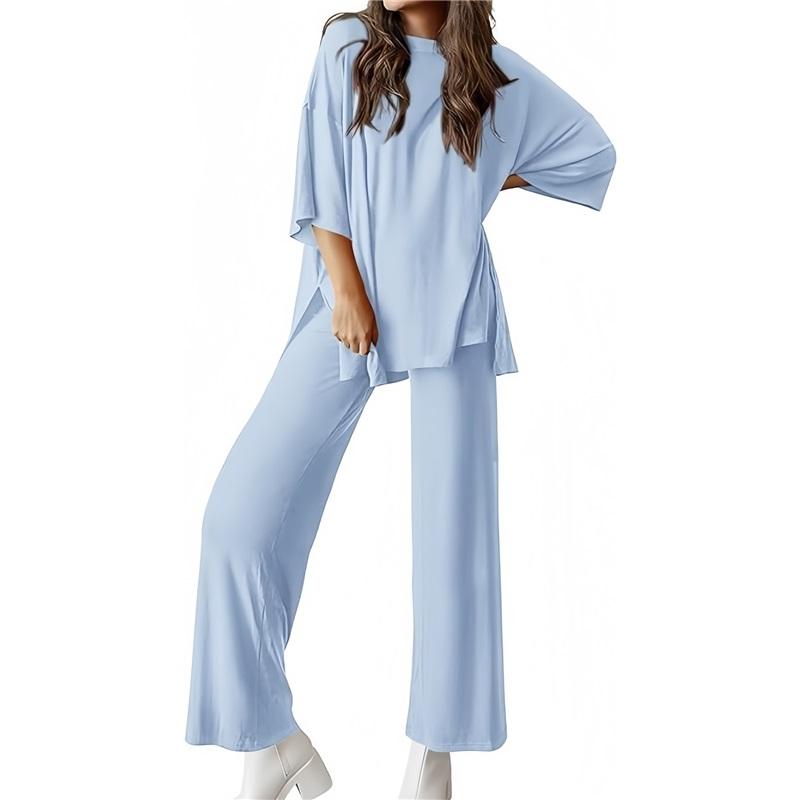 Women's 2 Piece Outfit Oversized Half Sleeve Top Wide Leg Pants Set Casual Loungewear