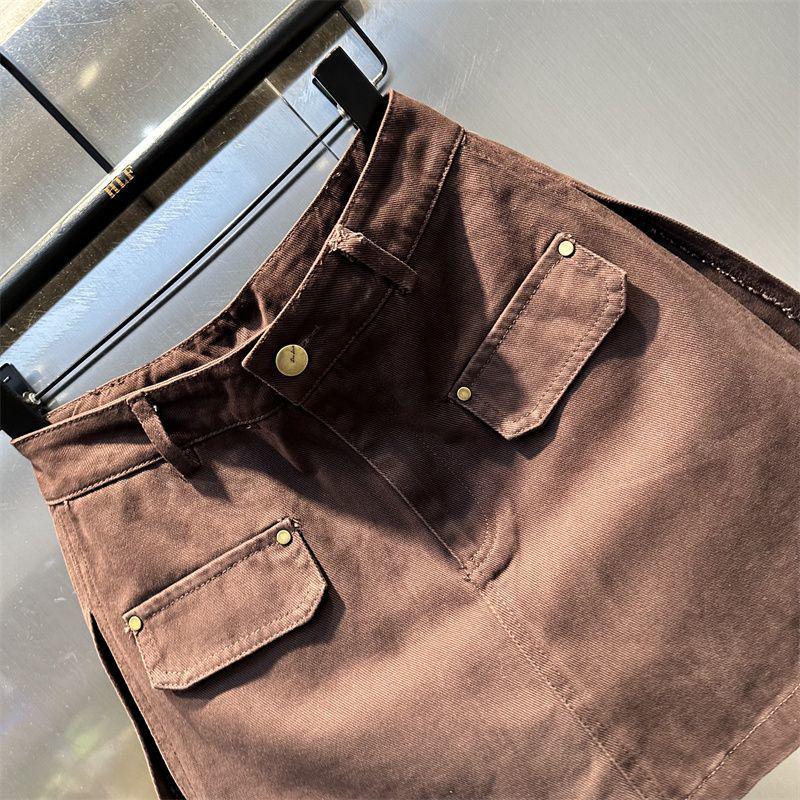 Autumn 2025 High-Waist Coffee Denim A-Line Skirt with Double Slits for Women