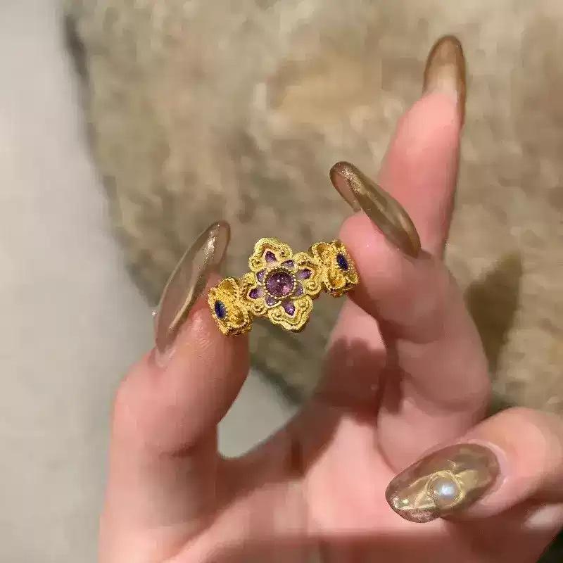 24k Oil Drop Flower Opening Ring Women's Niche Design, Fashionable Light Luxury Ring Versatile Jewelry Women