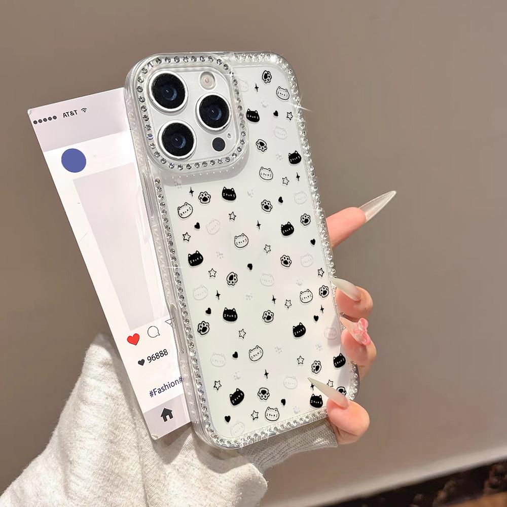 Cute Cat Shiny Glitter Rhinestone Phone Case For iPhone 17 Pro Max Case iPhone 15 12 11 14 13 16 Pro Max 17 Air Soft Clear Cover