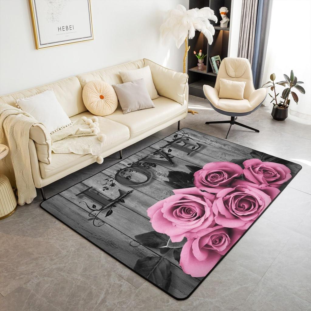 Blue Rose Flower on Black Background Non Slip Mat Area Rugs Floor Carpet for Kitchen Bedroom Living Room Decoration for Kids