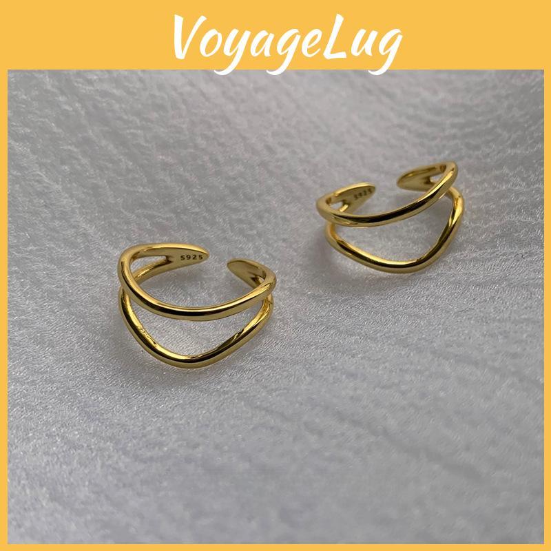Elegant S925 Gold Plated Double Layer Curved Line Ring For Women Adjustable Size