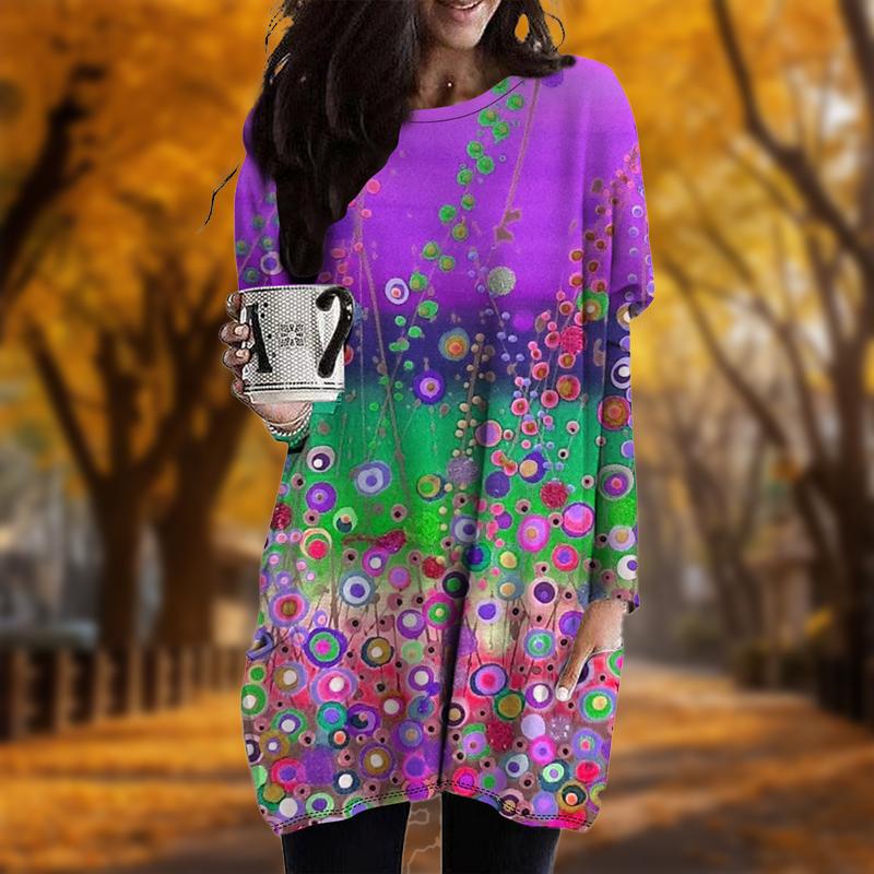 Nou Toamnă Imprimeu Bule Colorate Rochie Mărimi Mari Femei Gât Rotund Mâneci Lungi Casual Rochii cu Buzunare