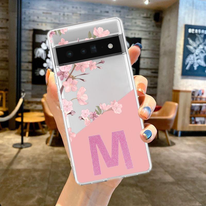 Pink Letter Flower Phone Case For Google Pixel 9 Pro XL 8 7 6 Pro 8A 7A 6A 5 4 5A 4A 3A XL 5G Shockproof Soft TPU Clear Cover
