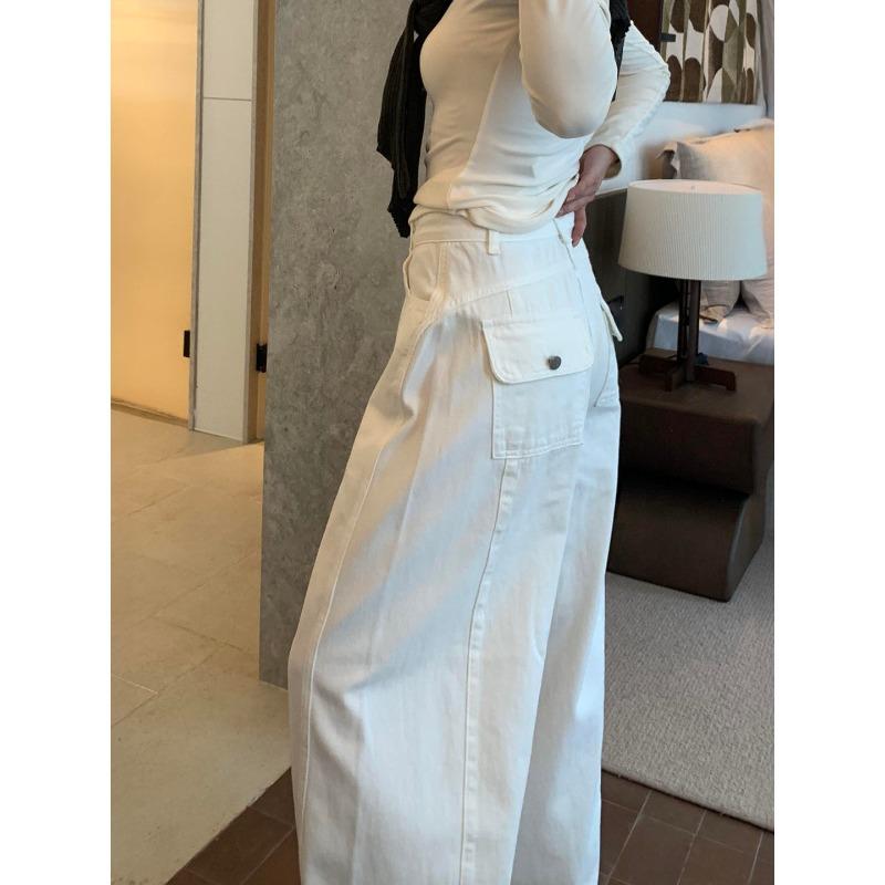 Women's Spring/Fall Stylish High-Waisted Casual White Curved-Leg Jeans Slimming, Loose-Fit Wide-Leg Pants