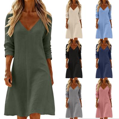 Linen Dress For Women Elegant V Neck Long Sleeve Knee Length Dresses A Line Fitted Casual Beach Vacation Clothes