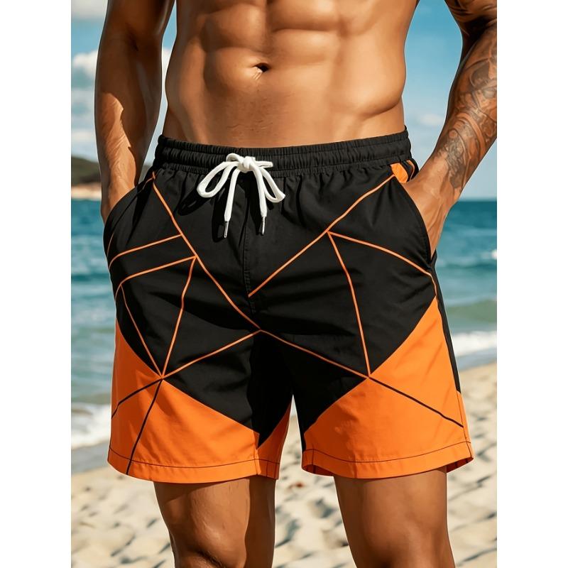 Men s Beach Shorts, Men s Shorts with Black and Orange Contrasting Geometric Line Print, Sports Shorts, Lightweight Shorts, Casual Shorts, S