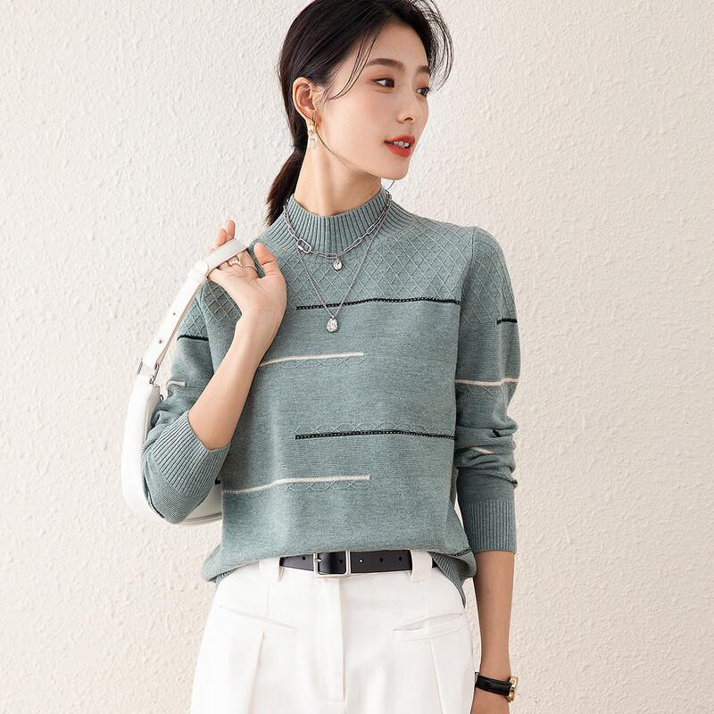 

TUHUANG Women s Pure Wool Semi-High Collar Contrast Sweater XL