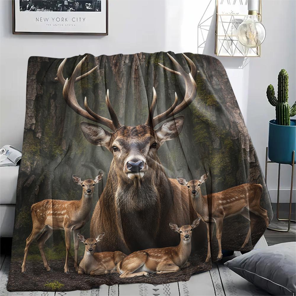 1Pc Deer Peacock Print Flannel Blanket, High Quality Comfortable for All Seasons, Home Decor, Warmth and Comfort, Perfect for Gifts