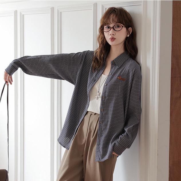 Full River Red Plaid Dachshund Embroidered Miu-style Women's Autumn Loose Long Sleeve Cardigan