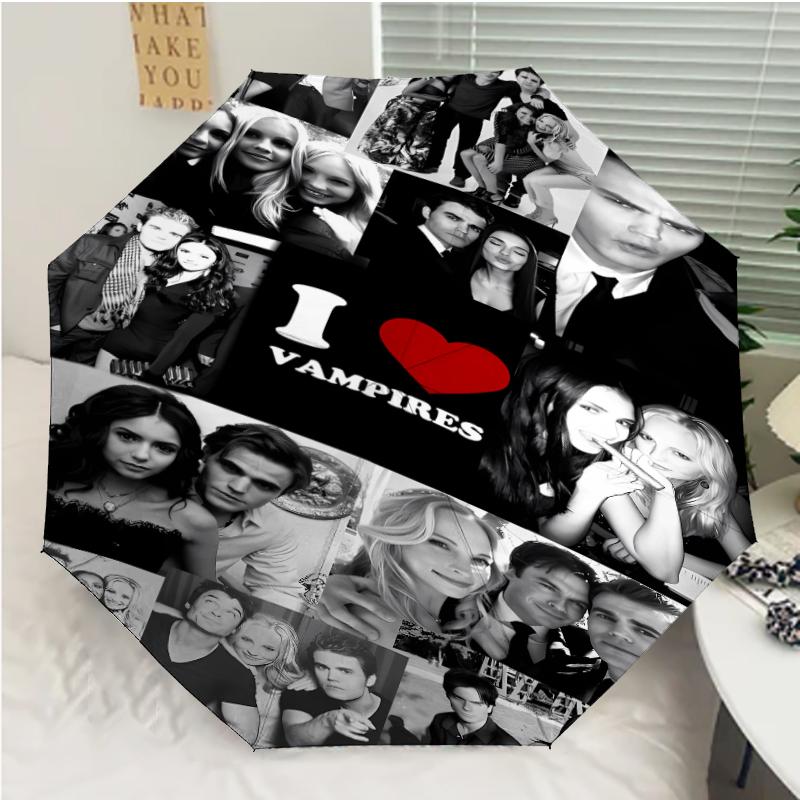 Parapluie Automatique Imprimé The Vampire Diaries, Structure en Fer à 8 Baleines, Poignée en Plastique, Convient pour les Voyages en Plein Air et le Quotidien, Cadeau Idéal