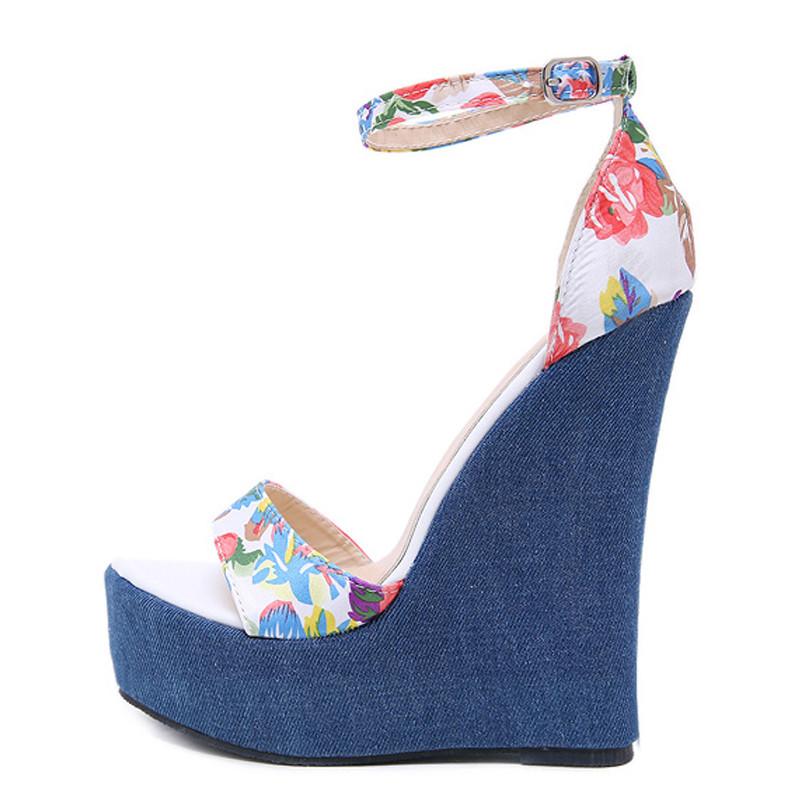 Eilyken Nye designertrykk denim sandaler for kvinner, romerske sandaler, høykvalitets kiler med høye hæler Peep-Toe plattformsko