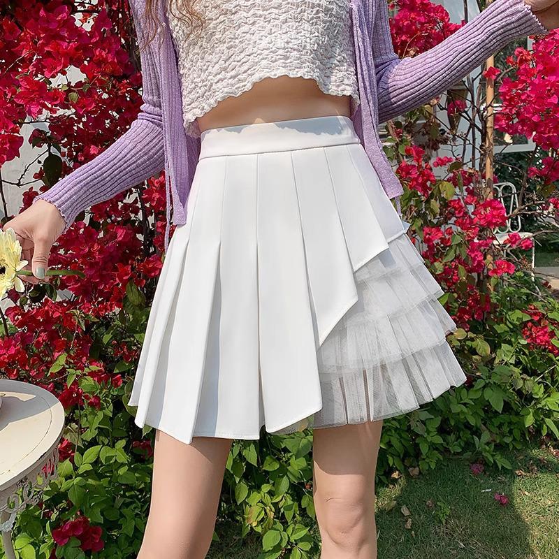 

Summer 2024 Women s White & Black Irregular Mesh Patchwork Pleated A-line Mini Skirt M