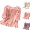 Fashionable Women's Cotton And Linen Short-sleeved Pullover Top With Embroidery, , Loose Fit, Slimming, Versatile Cotton And Linen T-shirt.