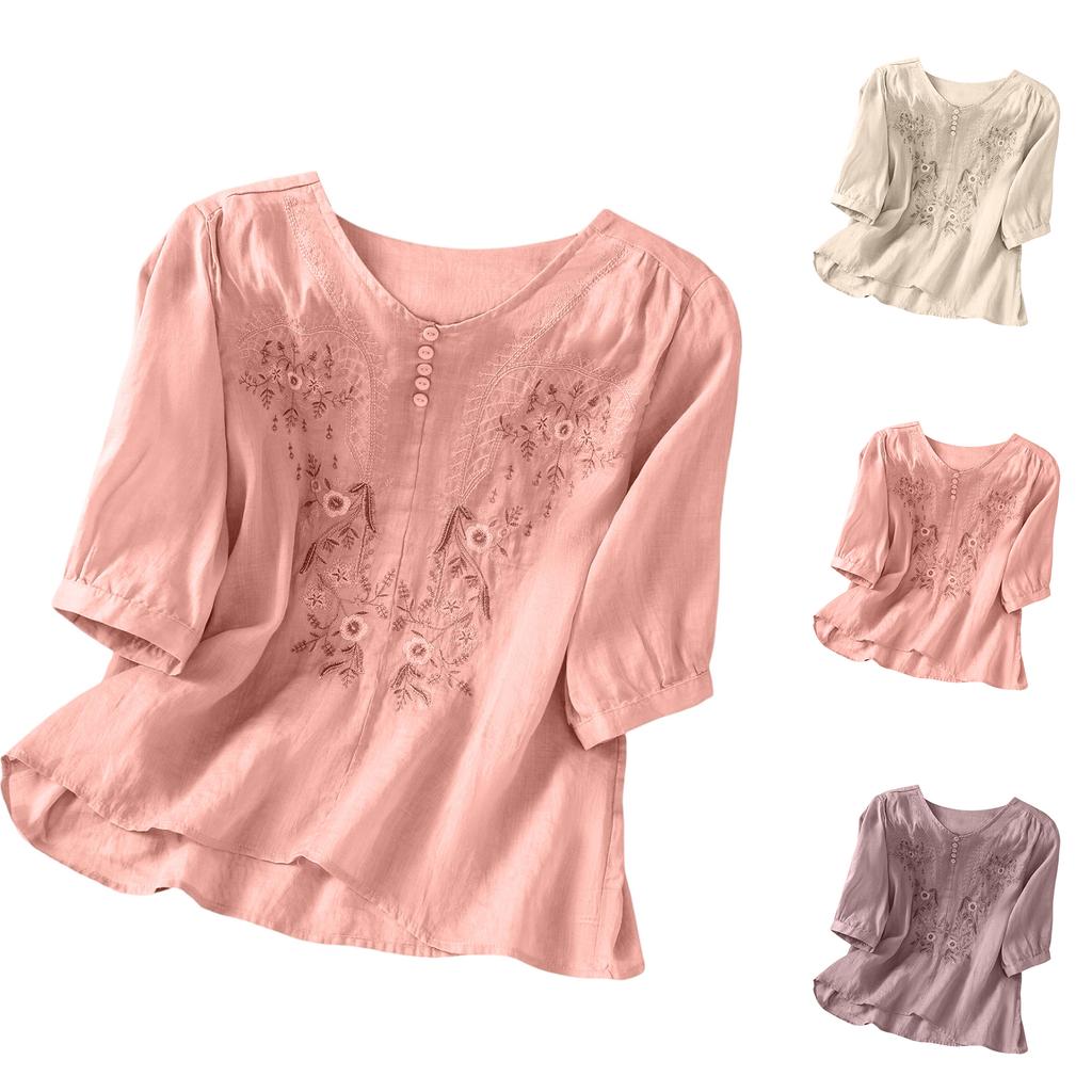 Modisches Damen-Pullover-Oberteil mit kurzen Ärmeln aus Baumwolle und Leinen mit Stickerei, lockere Passform, figurformend, vielseitiges Baumwoll-Leinen-T-Shirt.