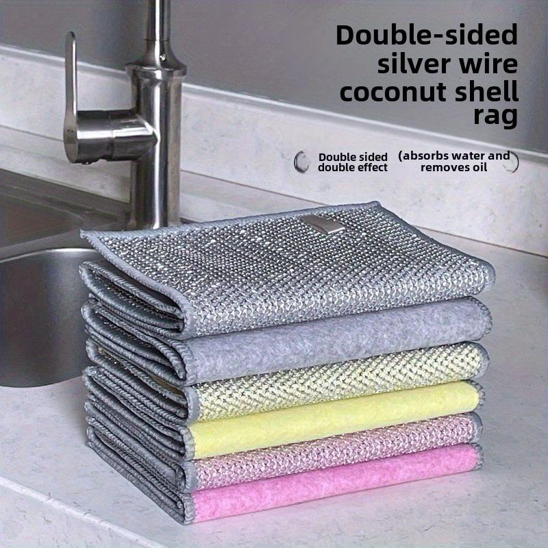 New Upgrade Double Sided Silvery Wire Coconut Shell Cleaning Cloths, Steel Wire Dishwashing Rag, Reusable Cleaning Cloths, Kitchen Cleaning Cloth