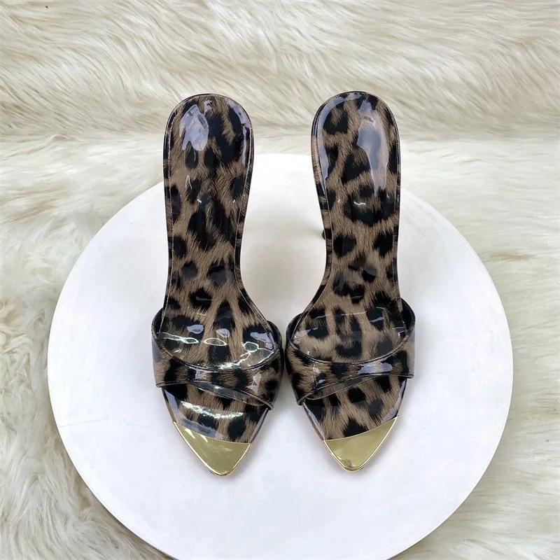 Sandales à talons aiguilles et bout pointu en métal pour femme, chaussures de soirée, 12 cm, imprimé léopard, pointure 46