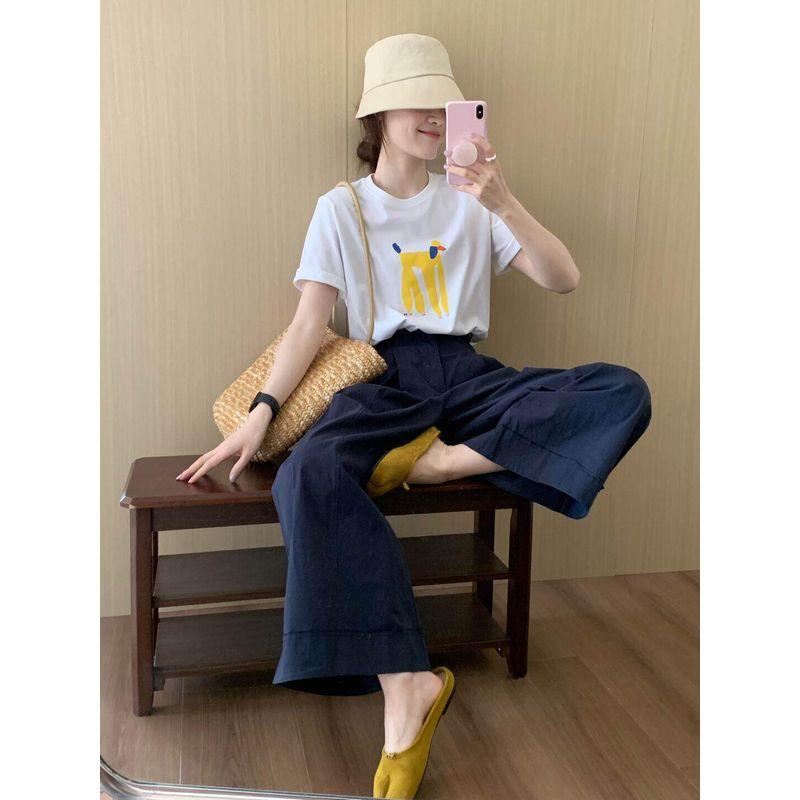

2026 Early Summer Dopamine Outfit Set for Plus-Size Women: Korean-Style Casual Short-Sleeve Top and Wide-Leg Pants Two-Piece Set White Top XXXL [Recommended 80-90kg]