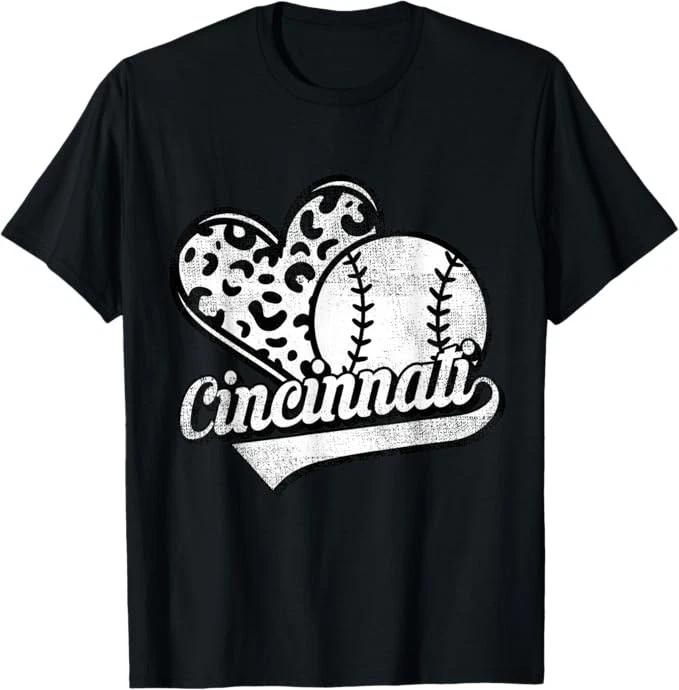 Vintage Cincinnati Baseball Leopard Heart Baseball Fans T-Shirt 4XL