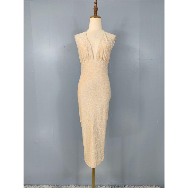 Foreign Trade Order Bright Silk Shiny Strap Large Backless Design Miumiu Bag Hip Pig Large Intestine Tight Dress Long dress