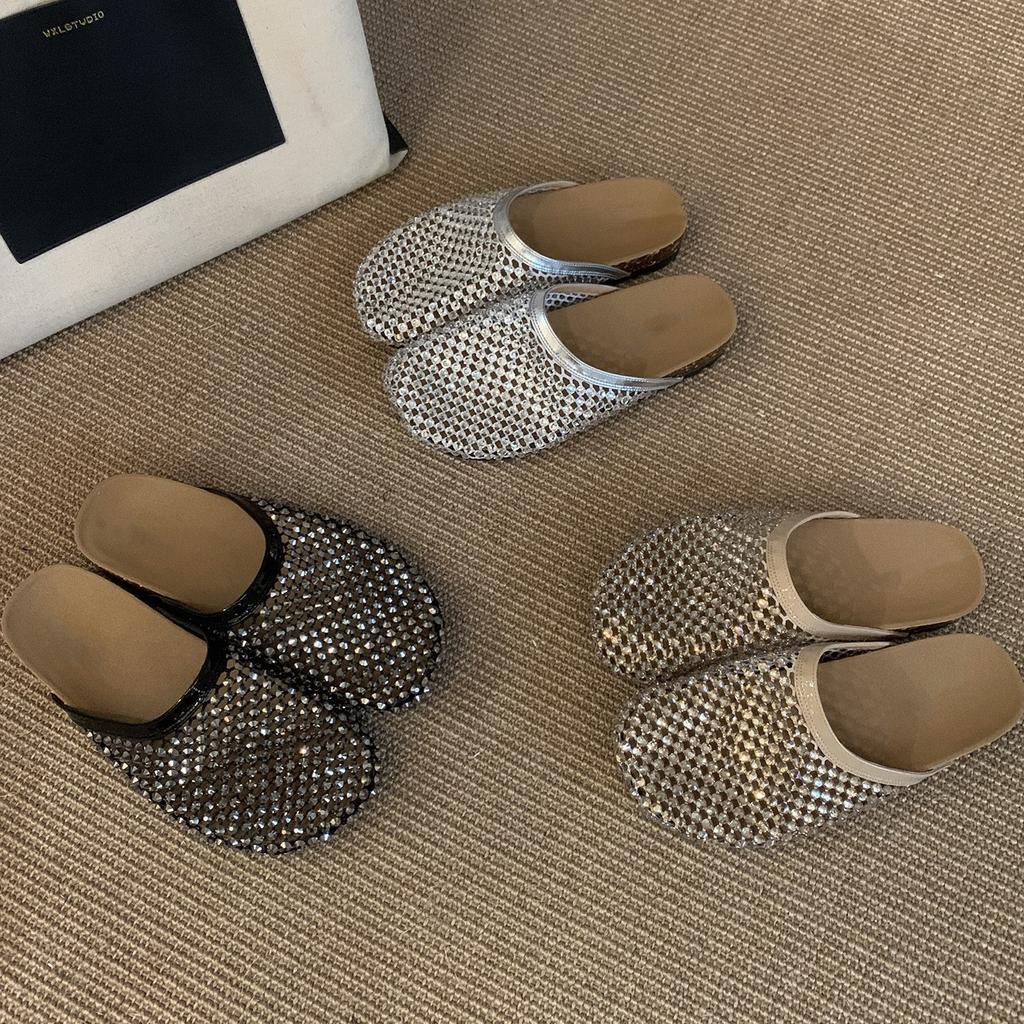 Thick-bottomed Mesh Rhinestone Bag Head Half Slippers Women's 2025 Summer New Outer Wear Lazy One Pedal Beach Cool Slippers