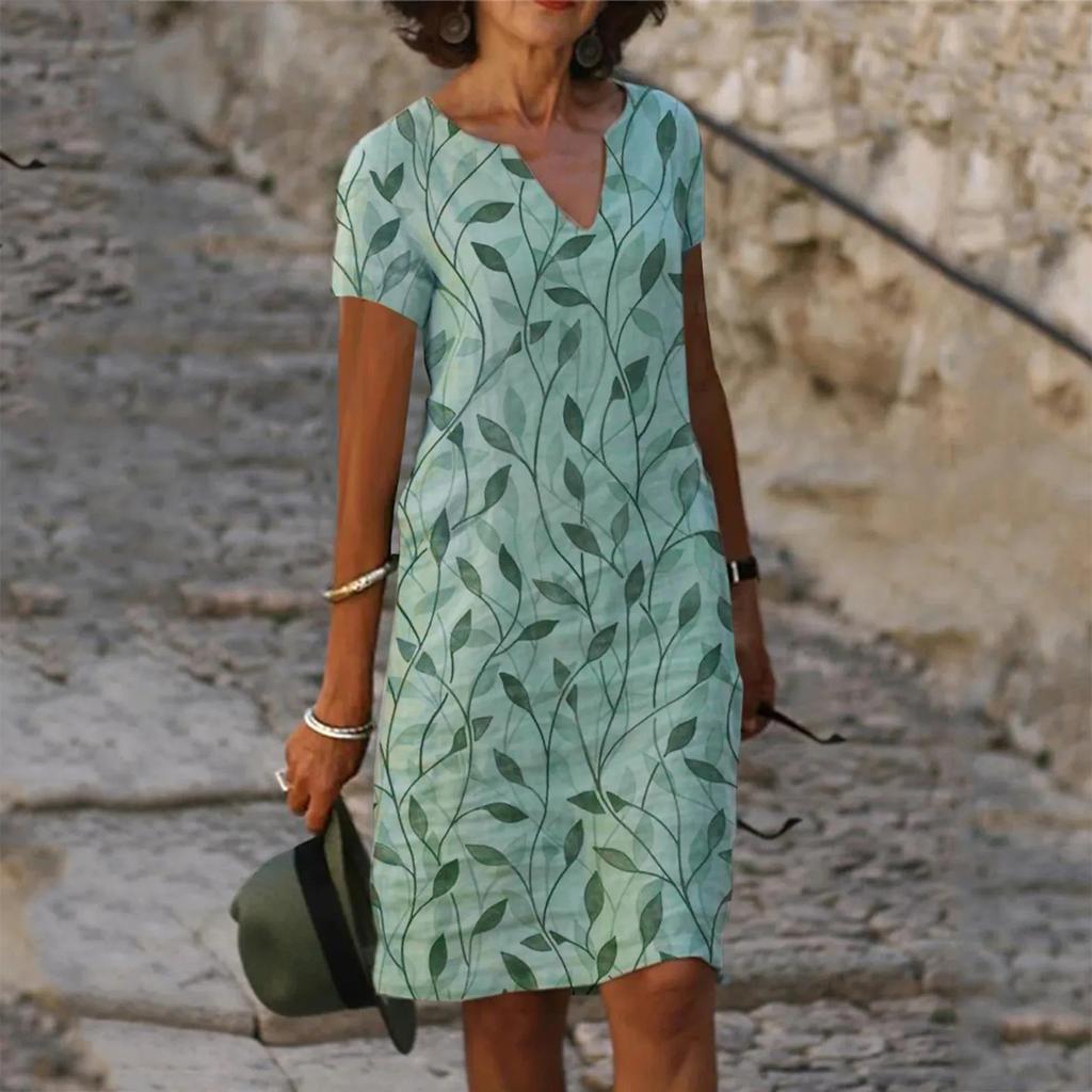 Plus Size Zomer Losse V-hals Digitale Print Damesjurk Korte Mouw Casual Elegante Jurken
