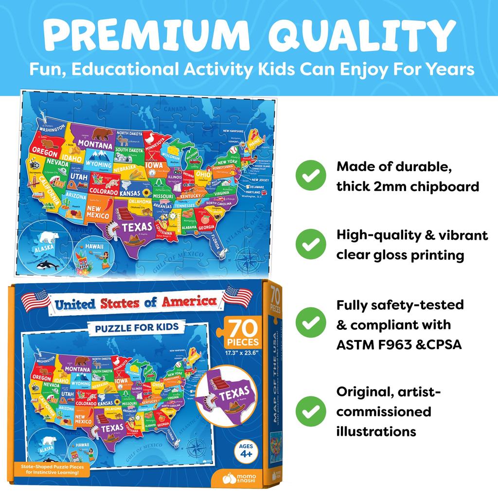 Momo & Nashi Amerikanisches Puzzle für Kinder von 4-6 Jahren - Lernspielzeug für Jungen und Mädchen Alter 3 - 70 Teile Amerikanische Karte Kinderpuzzle 50 Staaten und Hauptstädte