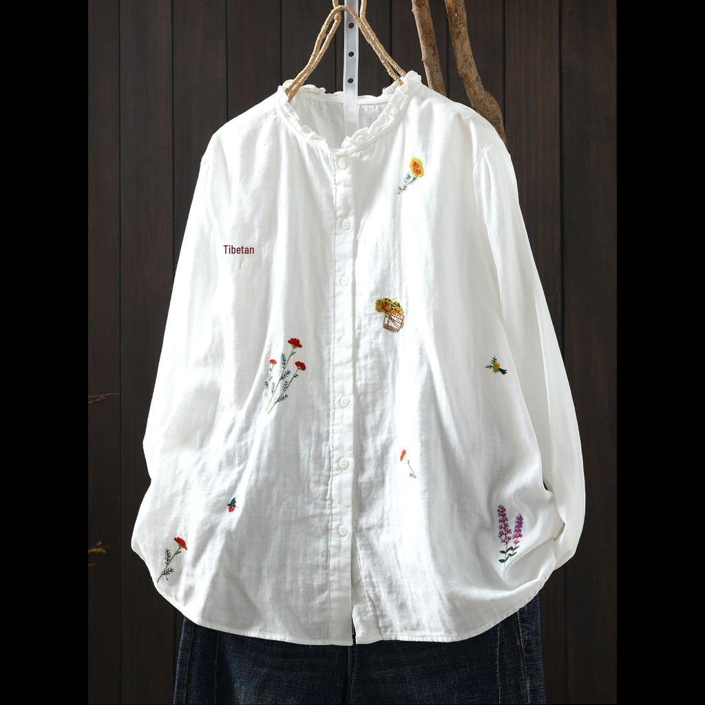Spring/Summer 2026 Women's Embroidered Cotton Linen Cardigan with Ruffled Collar and Long Sleeves.